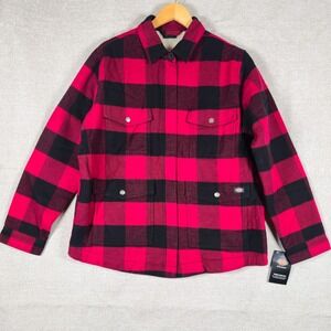 NWT Dickies Women Flannel Chore Coat Sherpa Lined Red Black Buffalo Plaid Sz‎ L
